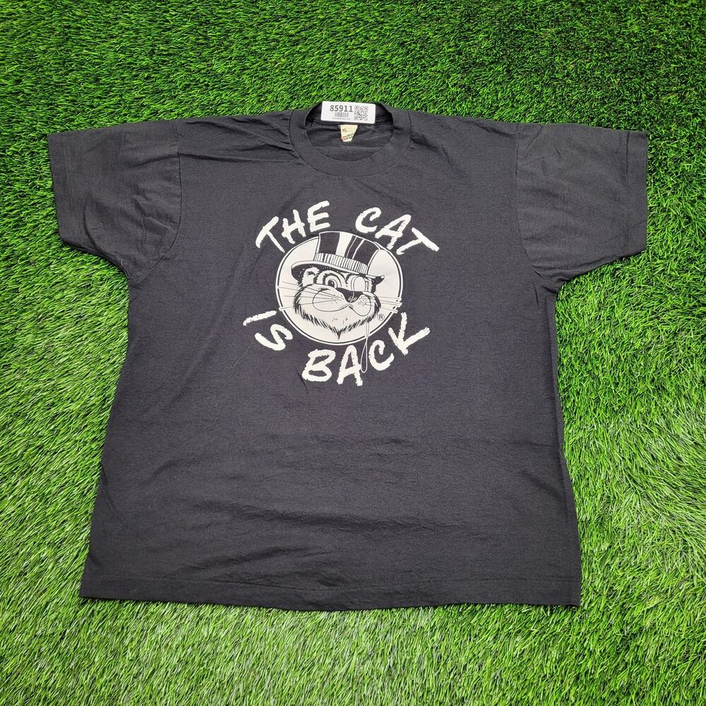 Vintage 90s Funny Cat Shirt L/XL 21x24 Black Russell Tuxedos The-Cat-is-Back